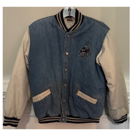 Vtg 90s Looney Tunes Warner Bros. Embroidered Denim Varsity Jacket Youth 12 - Picture 1 of 10